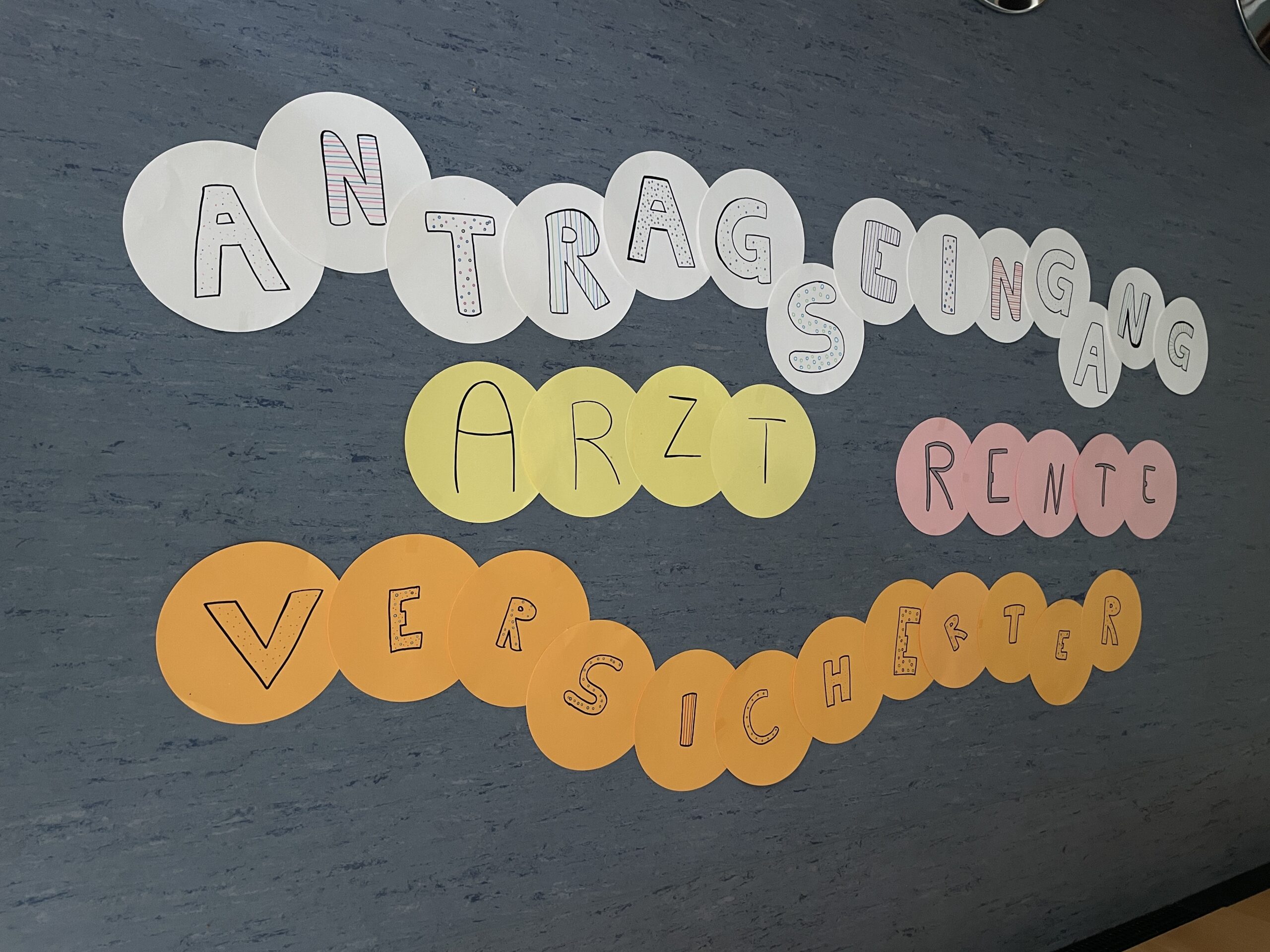 Verschiedene Wörter an Pinnwand.